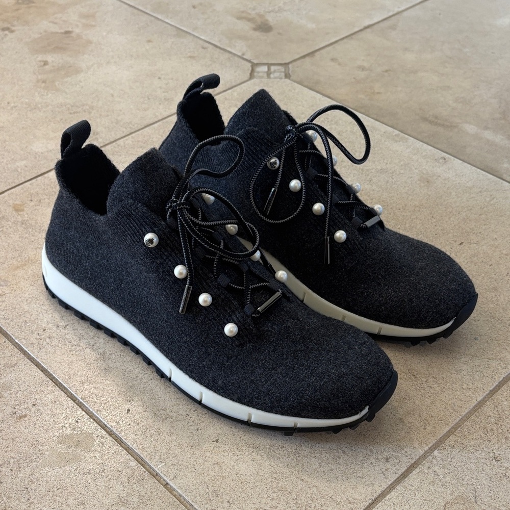 Jimmy Choo Black Pearl-Accent Knit Sneakers